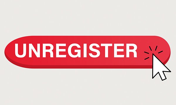 Illustration shows digital red button labelled 'unregister' with cursor arrow poised to select it, as NMC relaxes rule on requesting removal form the register