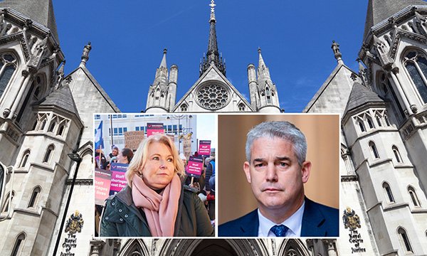Inset pictures of Pat Cullen and Steve Barclay against the backdrop of the Royal Courts of Justice in London