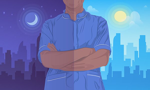 Illustration of a nurse in uniform standing in front of a cityscape, with one half of the image in daylight, the other at night, indicating working in a city on a 12-hour shift that takes you through daytime and nighttime hours