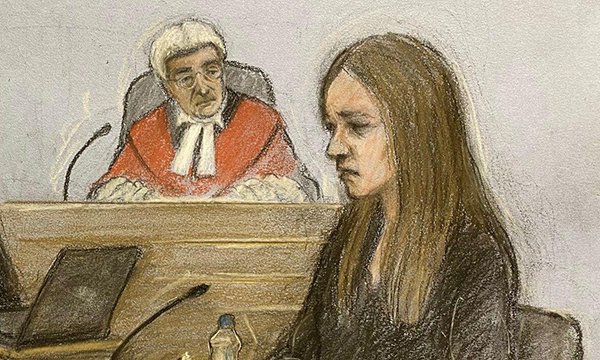 Court artist sketch of Lucy Letby in the dock as the judge looks on