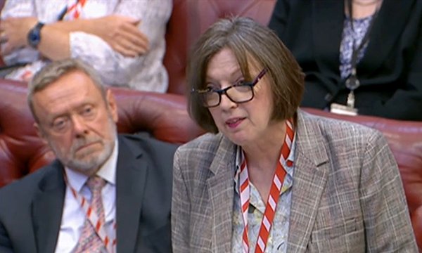 Baroness Frances O’Grady speaking in the House of Lords as Lord Collins looks on from the benches