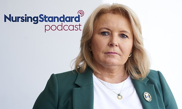 RCN general secretary Pat Cullen with logo of Nursing Standard podcast in the background