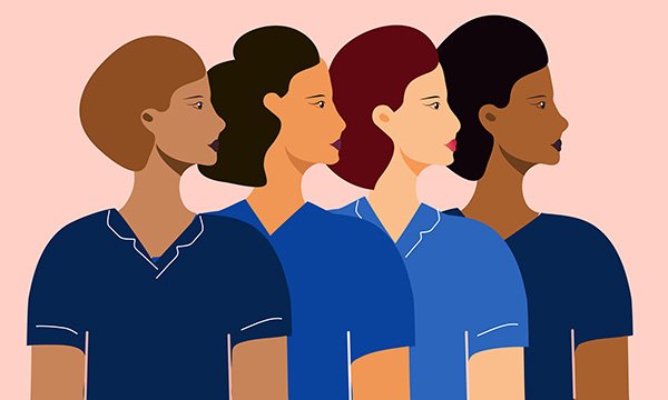 Illustration shows four nurses looking forward: as new nurse leaders emerge we need to embrace their message and ideas for change