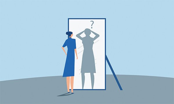 An illustration of a nurse in uniform looking calmly into a mirror whose reflection looks fraught and confused, suggesting feelings of being an imposter