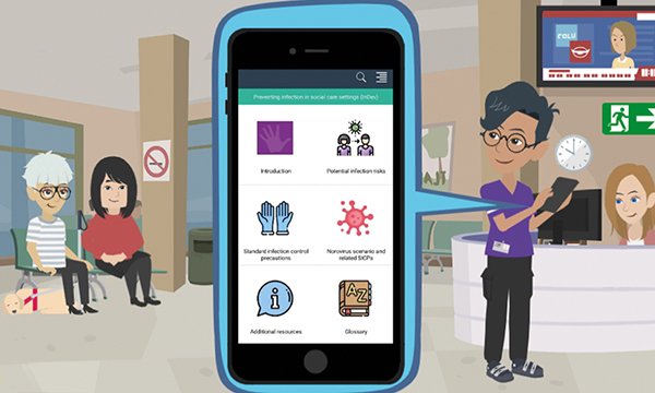 Illustration shows topic icons that feature in infection prevention in social care app