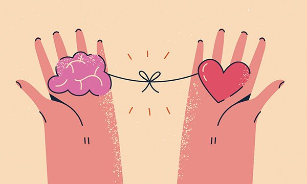 An image of two outstretched hands, one holding a representation of a heart and the other of brains or the mind, with the images connected by a length of string