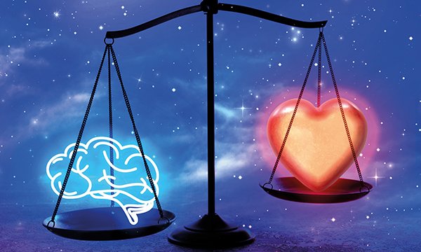 An image of a set of scales against a celestial background with one of the suspended bowls containing a representation of a heart and the other of brains or the mind