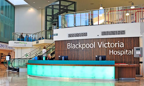 The reception area of the Blackpool Victoria Hospital: a nurse is in court for the ill-treatment and wilful neglect of patients there