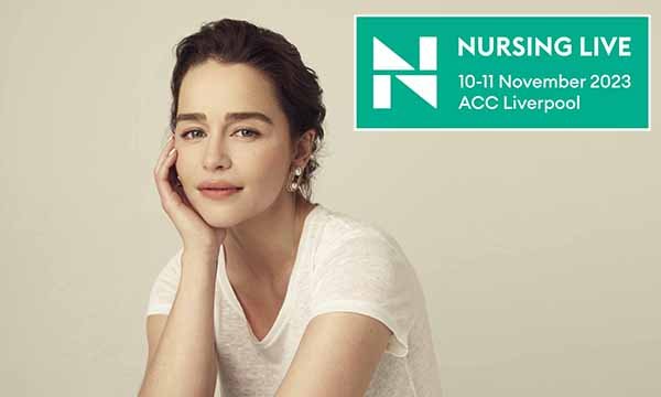 Actor Emilia Clarke looks to the camera, Nursing Live logo showing dates and venue inset