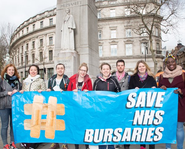Left to right: Sophia Koumi - RMN from King's Student Union, Jenny Leo - OT student at LSBU, Anthony Johnson - adult student nurse, Marina Down - MH nursing student from King's, Helen Corry, Chris Newlove - supporter, Fiona Edwards from the Student Assembly against Austerity and Barbara Ntumy - student supporter from London Met. Picture credit: Barney Newman