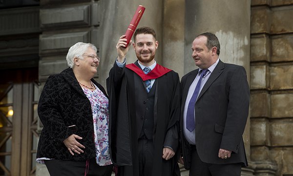 Sarah Chalmers, Fraser Chalmers and Ross Chalmers at Fraser’s graduation at Edinburgh Napier University on October 27