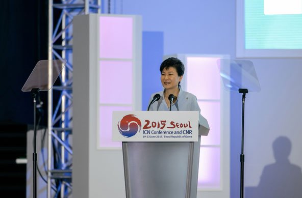South Korean president Park Geun-hye makes a congratulatory speech during the opening ceremony of ICN 2015 Seoul.
