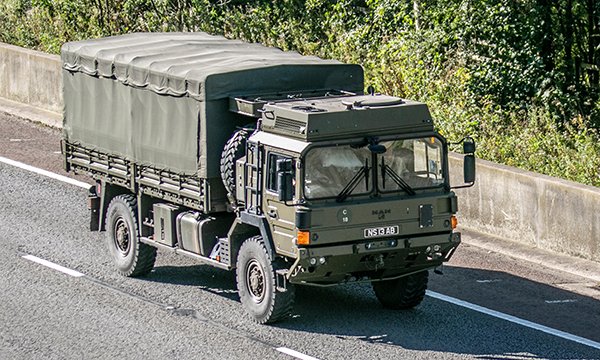Picture shows an army truck on a motorway in Lancashire. The armed forces are being drafted in amid concerns over delays in supplying protective equipment to staff caring for coronavirus patients.