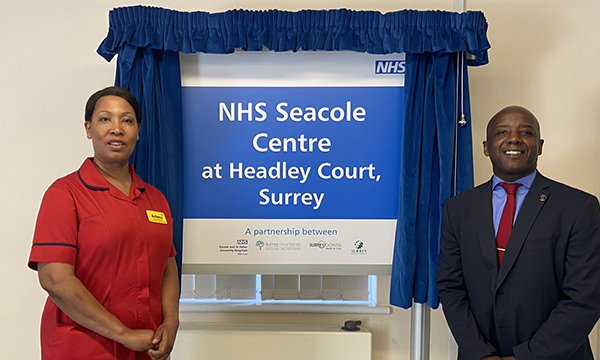 NHS Seacole Centre chief nurse Arlene Wellman, left, and Trevor Stirling from the Mary Seacole Trust at the opening of the centre in Surrey