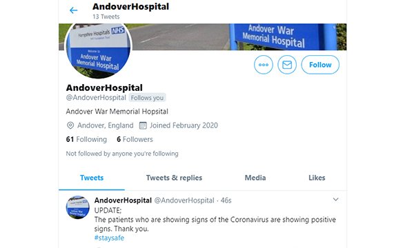 Screenshot of a Twitter account claiming to represent a hospital in England