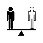 Illustration of white and black figures equally balanced on a scale.