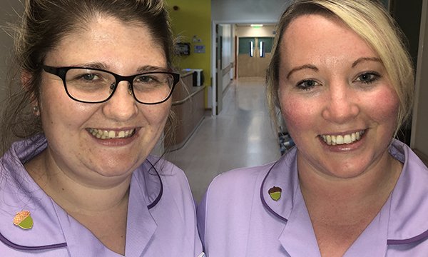 Picture shows nurses Samantha Wilby and Faye England wearing acorn badges to show they are newly qualified. Novice nurses and midwives at a trust in Yorkshire will wear the badges to remind other staff to be patient with them.
