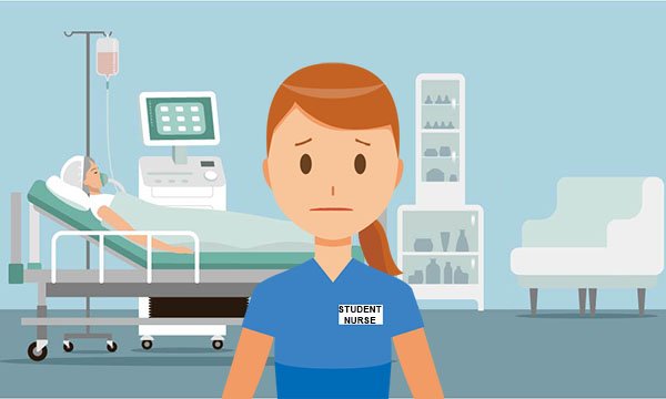 Illustration showing a nursing student on a hospital ward looking anxious
