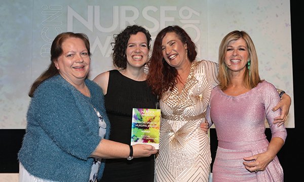 Pictured at RCNi Nurse Awards 2019 are (L-R) RCN council chair Sue Warner, clinical psychologist Kate Fillingham of East London NHS Foundation Trust, Rachel Luby and tv presenter Kate Garraway. Entries are now open for the RCNi Nurse Awards 2020.
