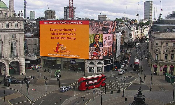 The Roald Dahl’s Marvellous Children’s Charity fundraising message at Piccadilly Circus, London