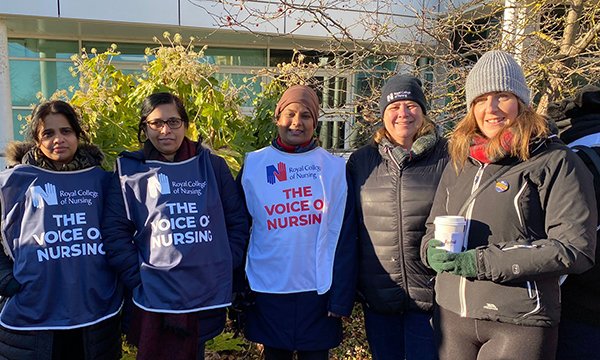 Nurses from the Royal Berkshire Hospital join the picket line (left to right): Linda Viju; Bindu Anil; Olinda Pinto; Claire Forno; and Kayleigh Sloman