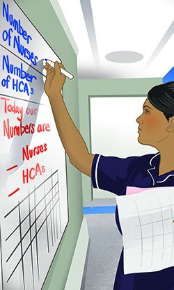 Artwork shows a nurse writing on a board listing staff numbers. NHS England is increasingly relying on support staff such as healthcare assistants and nursing associates to make up for its failure to recruit enough nurses, a report says.