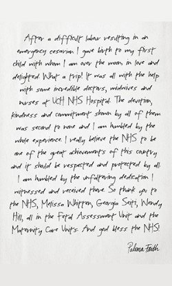 Paloma Faith's handwritten letter to staff