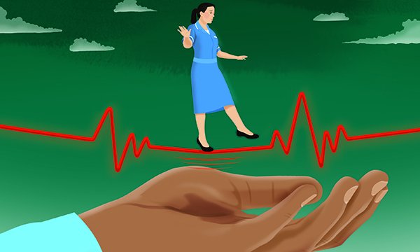 Illustration shows worried nurse treading a fine line