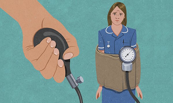 Illustration depicts stressed nurse trapped in blood pressure cuff. The Interim NHS People Plan aims to tackle the biggest challenge facing the NHS – a shortage of nurses. 