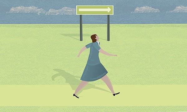 Illustration of a woman following an arrow on a sign post.
