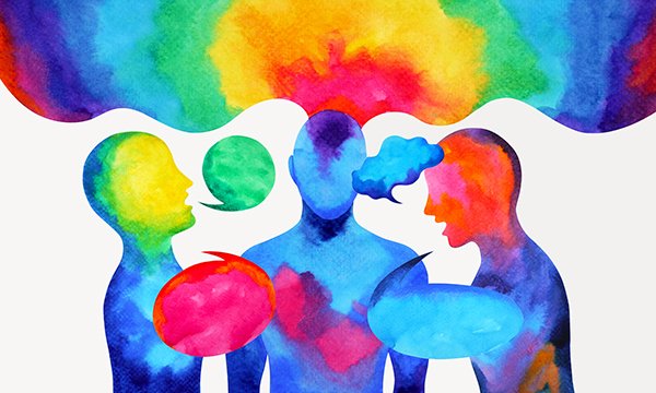 Illustration of abstract, rainbow coloured human shapes talking. Picture: iStock