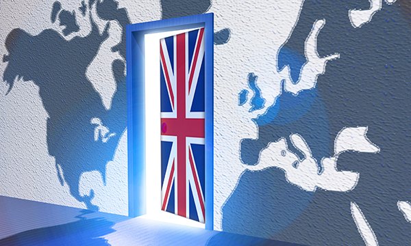 Illustration of a door allowing access to the UK, with a world map in the background
