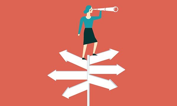 Illustration shows figure of woman standing on a signpost holding a telescope. 