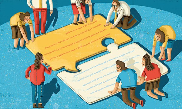 Illustration showing a group of people assembling a giant jigsaw puzzle. Sometimes completing an exercise can help us to piece things together. Picture: Alamy