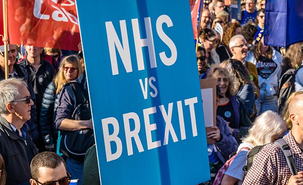 protesters against Brexit highlight the impact they say it will have on the NHS 