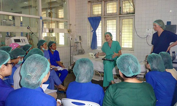 Cambridge nurse Olivia Rees leads a nurse teaching session at Yangon General Hospital in Myanmar. The aim was to improve intensive care management of trauma patients