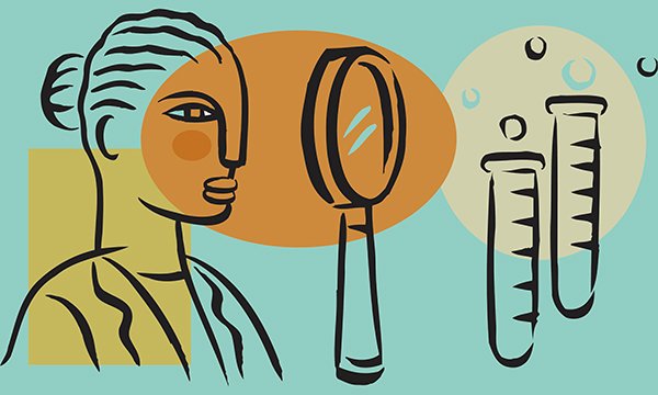 Abstract illustration depicts a female figure with a magnifying glass and test tubes. In this article three leading cancer experts explain why the role of the clinical research nurse is crucial.