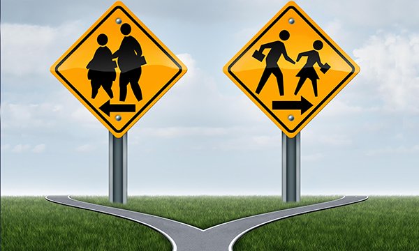 illustration shows a road that forks, with sign pointing left showing obese people, sign on right showing people of healthy weight