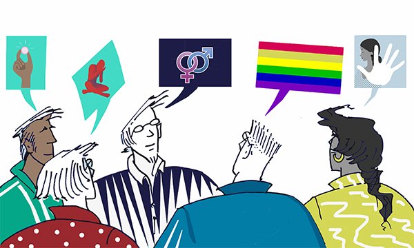 Illustration depicts a group of people talking about their experiences.  A programme to improve sexual safety on mental health wards is developing standards on staff training and support.