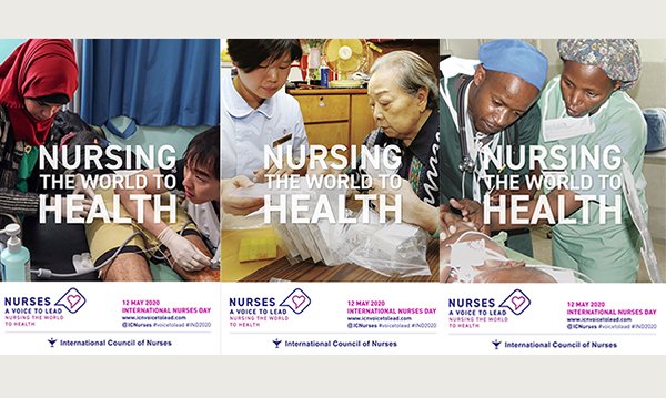 collation of three ICN posters, each showing an image of a nurse with patients, behind the slogan 'Nursing the world to health'