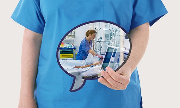 Image of a nurse holding a speech bubble that contains a picture depicting a nursing task. How nurses describe their profession has an impact on the way policymakers, politicians and the public perceive the role