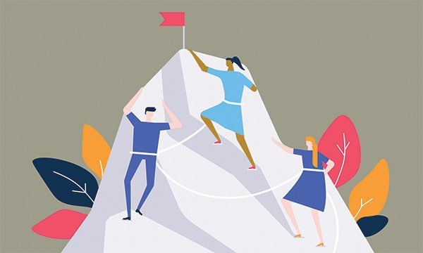 illustration shows nurses climbing up the side of a mountain to reach the summit