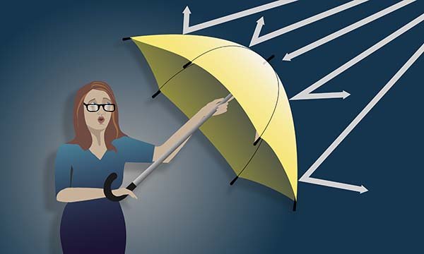  Illustration shows a female figure holding an umbrella to shield herself, with white lines being deflected by the umbrella. 