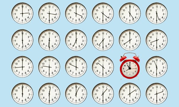 Image of clocks showing different times, illustrating the different shifts and shift patterns for nurses