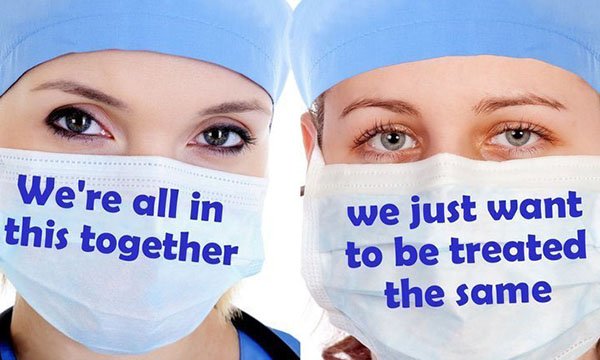 Agency nurse Covid bonus campaign image shows two nurses’ faces with words calling for equal treatment
