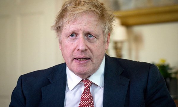 Picture of prime minister Boris Johnson speaking at 10 Downing Street after being discharged from hospital on 12 April