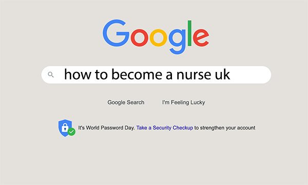 Google search window showing search ‘how to become a nurse UK’