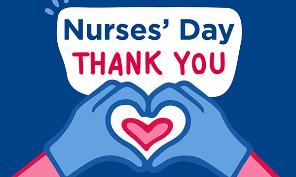 A logo for International Nurses' Day showing gloved hands making a heart shape.s 