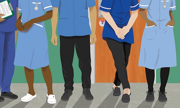 Image of several figures in nurses' uniforms showing them below chest level