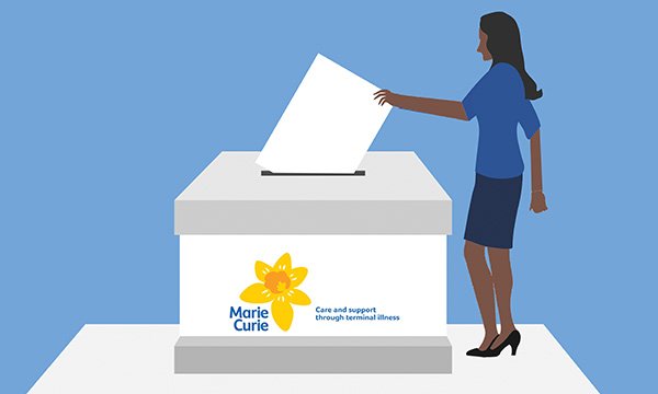 Image shows a female figure placing a vote into a ballot box marked Marie Curie